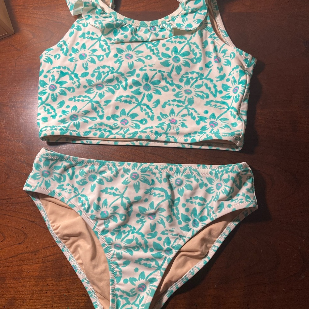 Two-Piece Floral Swim Set in Teal and Cream